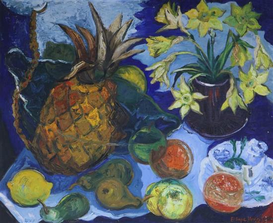 Eleanor Hope Henderson SSA (Scottish 1917-2006) Still life with Pineapple and Fruit. Oil on board Signed and inscribed 46 x 55cm.